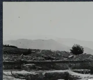 Excavated stone steps at Vouni palace, with a hillside, a tree and distant mountains behind