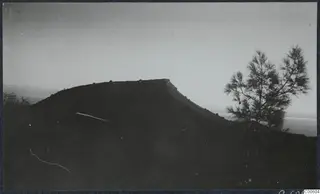 Topography at Vouni: a dark flat-topped hill, a pine tree and hazy sea beyond the ridge