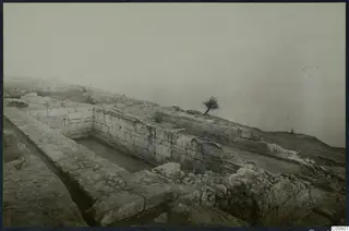 Ruined stone walls of large squared blocks at Vouni palace, with a small wind-bent tree on the hilltop.