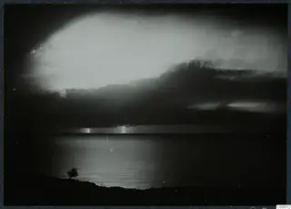 Night thunderstorm over the sea at Vouni, with lightning on the horizon and a small tree on the shore.