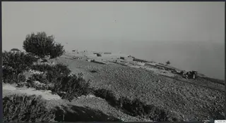 Low ruined walls and small figures on a stony hillside at Vouni, with bushes in the foreground and the sea beyond.
