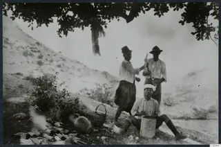 Three men at Vouni, one seated in a white cap and two standing behind him, one holding a hoe, with pottery on the ground.