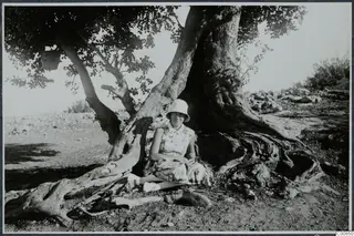 Vivi Gjerstad sitting under a large tree with exposed roots at Vouni, wearing a hat