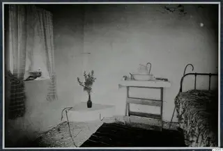 Interior of a whitewashed room with an iron bed, a washstand holding a basin and jug, and a sprig of leaves in a bottle.