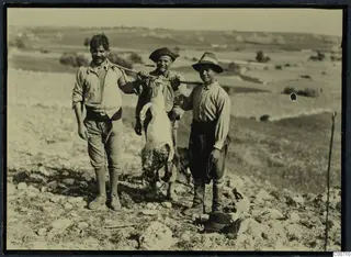 Three men hold up a slaughtered goat hung from a pole on a stony hillside at Soli.