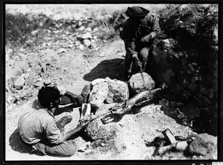 Two men preparing a whole animal on a spit among stones at Soli, one cutting with a knife.