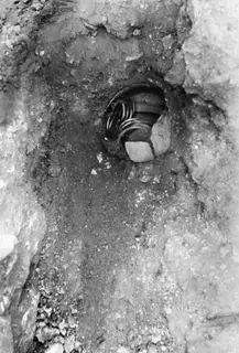 Gold treasure in situ in Room 59 at Vouni: a cluster of coiled metal objects lying in a cavity in the soil