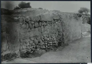 Long stone wall at the palace at Vouni, with trees behind it