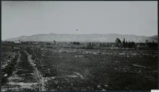 Milia, Famagusta: open fields with a dirt track, scattered buildings and trees, and a mountain range behind.