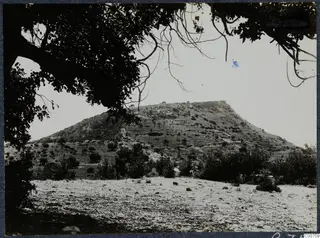 Flat-topped hill at Vouni seen through the branches of a tree in the foreground.
