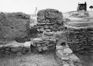 Wall complex at J, K 8, Idalion, seen from the north, with stone and earth walls in an excavated area