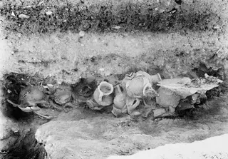 Pottery vessels lying in situ in excavated soil at Idalion, finds in G 6-7.