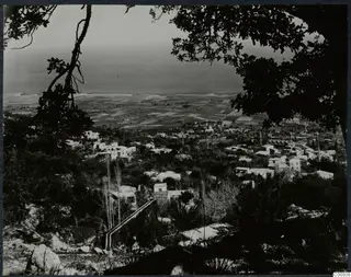 View over the village of Lapithos from higher ground, with houses among trees, cultivated plain and the sea beyond