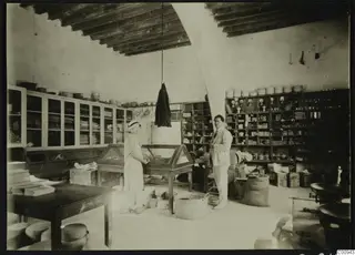 Rosa Lindros and Perikles Kaplanis standing in a storeroom at Lapithos with glass cabinets and shelves of pottery