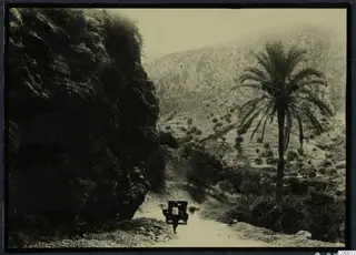 The road from Kyrenia to Nicosia winding past a rock face, a palm tree, and a car with a man on the road