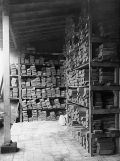 Storeroom with wooden shelves stacked full of small cardboard boxes, Swedish Institute, Nicosia