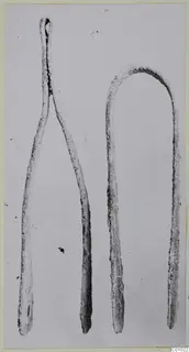 Two bronze tweezers from Tomb 313, Chamber A: one with a looped top and splayed arms, the other bent into an arch.