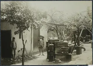 Snowy courtyard of the Swedish Institute in Nicosia, with two boys standing beside wooden crates and trees