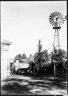 Building in Nicosia with a person and a donkey beside a stone water trough and a tall windmill