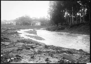 River in Nicosia with two white houses behind a low wall and tall trees along the bank