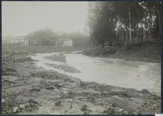 Stream with muddy banks and debris, two white single-storey buildings behind a low wall, and tall trees along the right bank, Nicosia