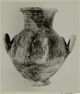 Two-handled pottery jar with a flared neck and raised relief decoration on the body, photographed against a plain background.