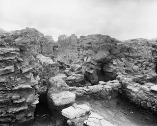 Excavated stone walls and ruins in grid square K 4 at Idalion, looking south