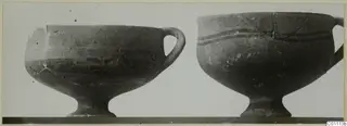Two footed bowls side by side, the right one with two painted bands below the rim