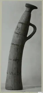 Horn-shaped pottery vessel, White Painted II, with a flaring mouth, one handle and dark painted bands