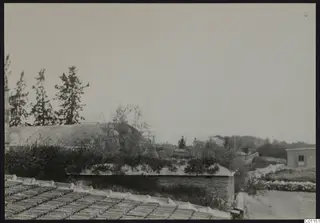 Buildings, a stone wall and trees seen from a rooftop at Marion, under an empty pale sky.