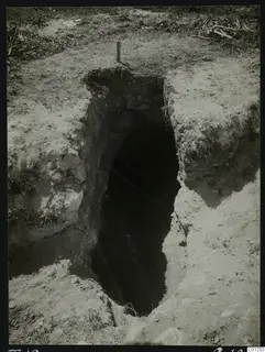 Excavated opening of Tomb 18 at Marion, its dark interior descending into pale soil, with a wooden stake at the top edge.