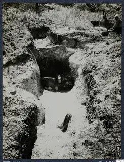 Tomb 64 at Marion: a sloping dromos leading to the open entrance of a tomb cut into the earth.