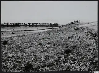 View over grassy slopes, a dirt track and fields at Marion, with hills behind and a small group of people on a rise at right.