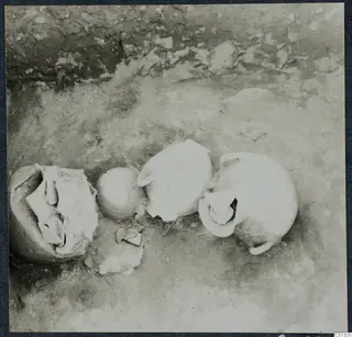 Pottery vessels and sherds lying in situ in Marion Tomb 93, photographed from above