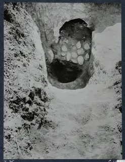 Tomb 76 at Marion during excavation, with a dark chamber opening framed by pale stones in the side of a trench.