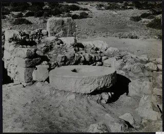 Large round worked stone with a central hollow among rubble walls at Nitovikla, Karpas Peninsula
