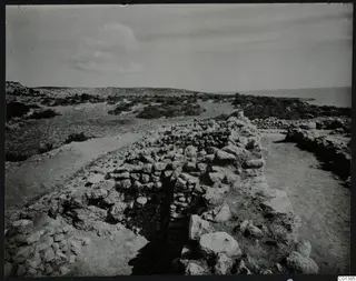 Stone wall foundations at Nitovikla on the Karpas, with low scrub, bare paths and the sea beyond.
