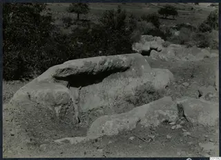 Large stone block with an overhanging slab on a scrubby hillside, with a tree in the background, Karpas peninsula