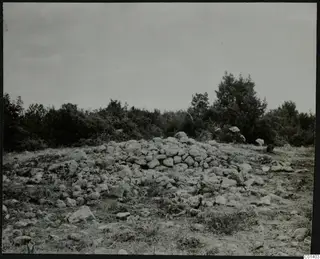 Low mound of piled stones on open ground at Nitovikla, with scrubby trees behind.