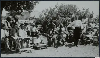 Group gathered outdoors under a tree at Vouni, with a man playing violin and a boy at a stringed board instrument, men seated at a table.