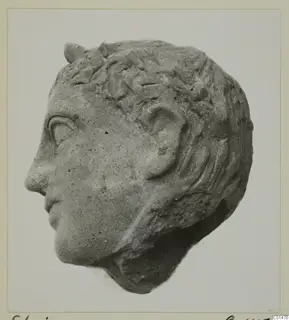 Head in profile facing left, with curled hair and ear, from Stagion, shown on a photograph mount