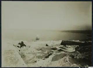 Ruined stone walls and a circular stone base in the foreground, with the sea and a lone tree at Vouni