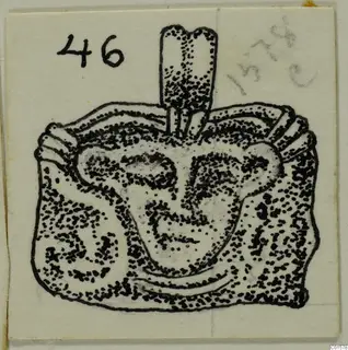 Ink drawing of a gold pendant with a raised central form and a notched vertical projection on top