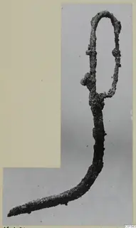 Corroded iron object with a loop at the top and a long curved shank tapering to a point at the lower left.