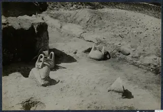 Finds in situ at Vouni: two-handled vessels lying partly buried in an excavated trench