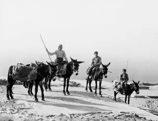 Donkeys with loads and riders on a stone-paved track at Vouni, with the sea behind