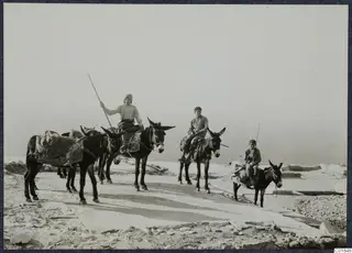 Donkeys carrying packs and three young riders on a flat stone track above the sea at Vouni