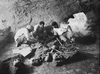 Three men kneeling over exposed human skeletons during excavation at Ayios Iakovos, cleaning the bones with tools.