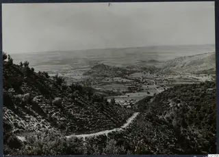 View over a valley with fields and a village, from a wooded mountainside with a winding road, Troodos and Machairas area
