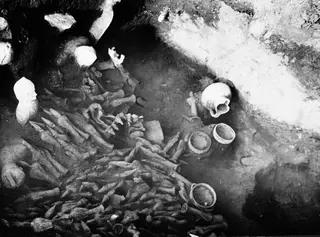 Square L 11 at Ayia Irini: human bones, skulls and bowls lying in situ in the excavated ground.